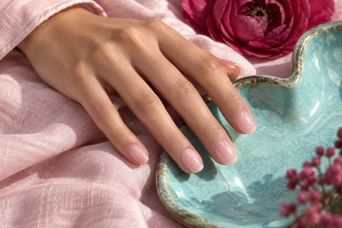KI-generierte Inspiration: kurze, milchig-roséfarbene Nägel